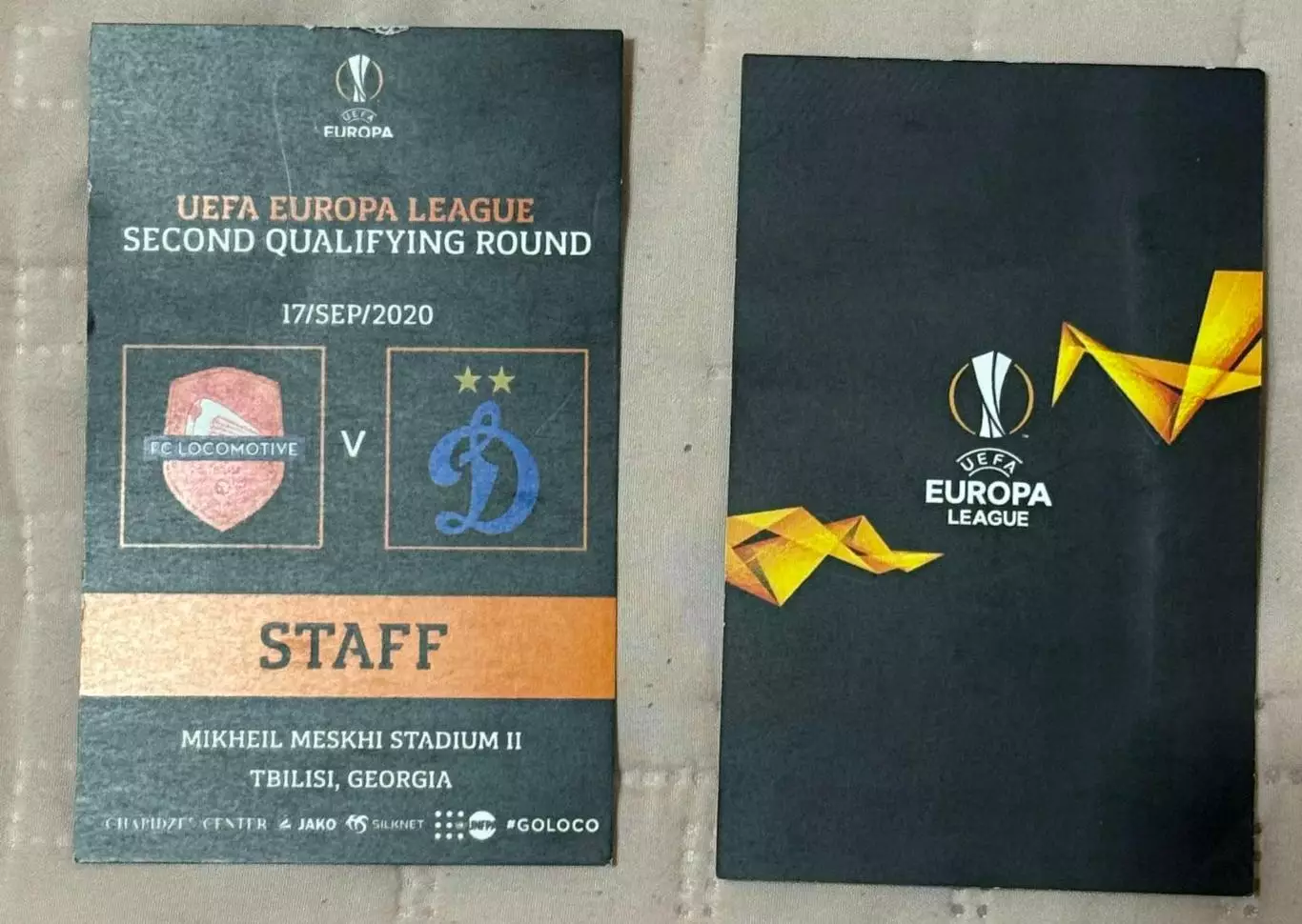 БейджSTAFF матча Лиги ЕВРОПЫ ЛОКОМОТИВ ТБИЛИСИ-ДИНАМО МОСКВА 17.09.2020 г.