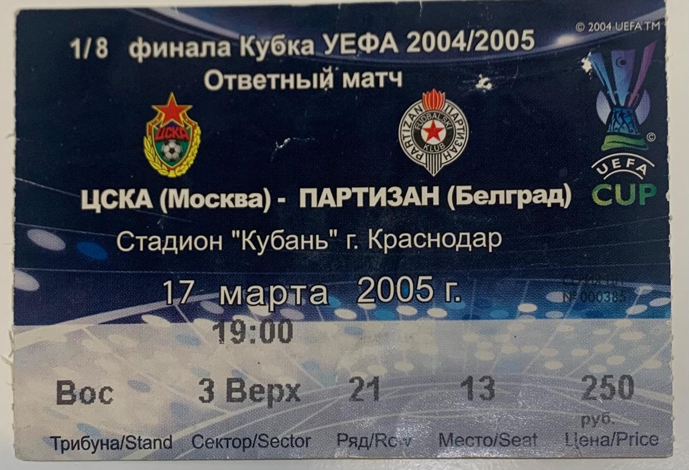 Билет ЦСКА Москва - Партизан Белград 17.03.2005