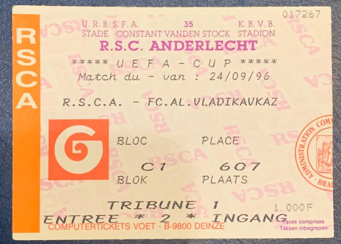 Билет Андерлехт Брюссель - Алания Владикавказ 24.09.1996
