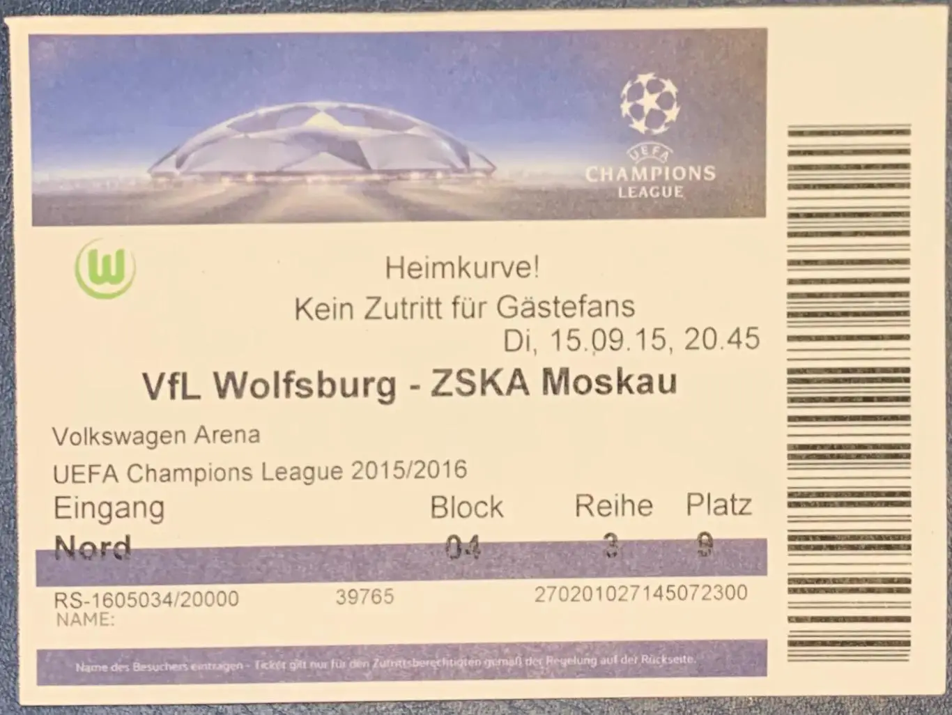 Билет Вольфсбург - ЦСКА Москва 15.09.2015