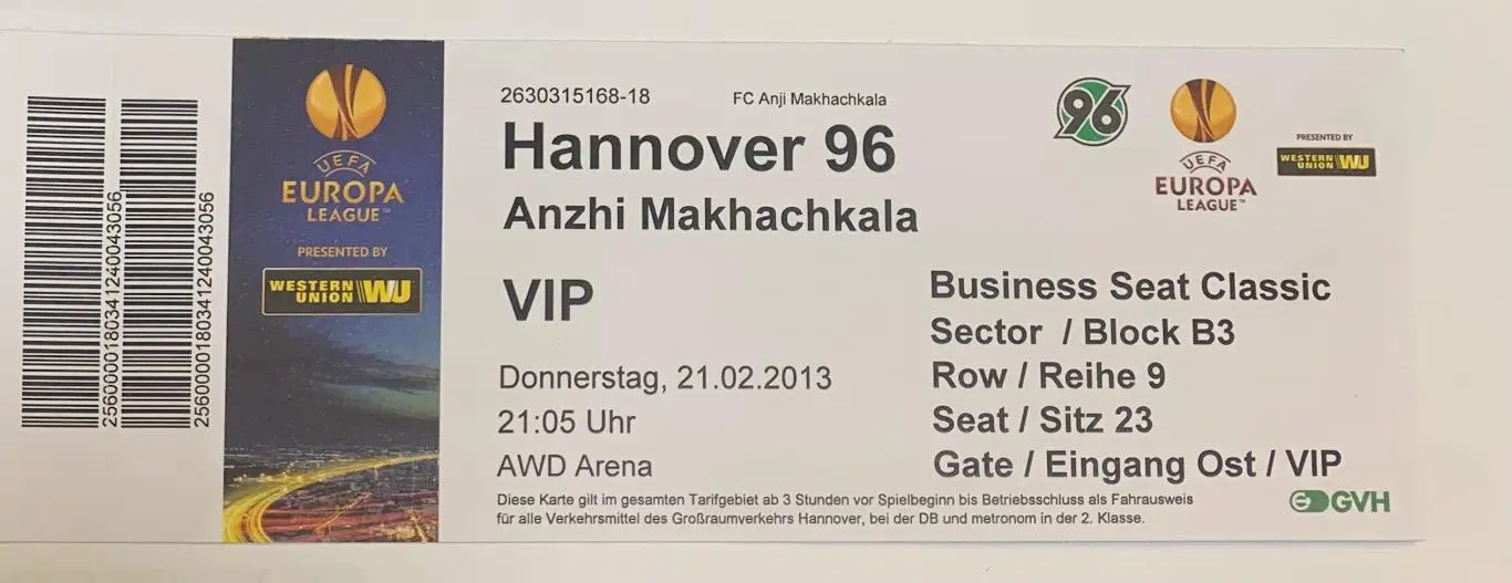 Билет Ганновер - Анжи Махачкала 21.02.2013