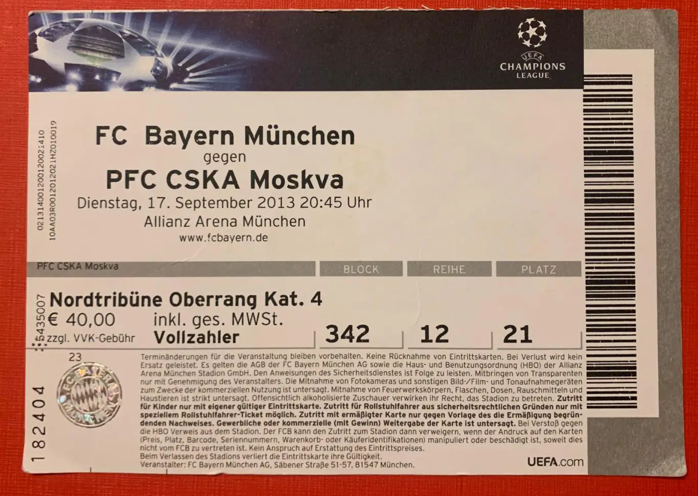 Билет Бавария Мюнхен - ЦСКА Москва 17.09.2013