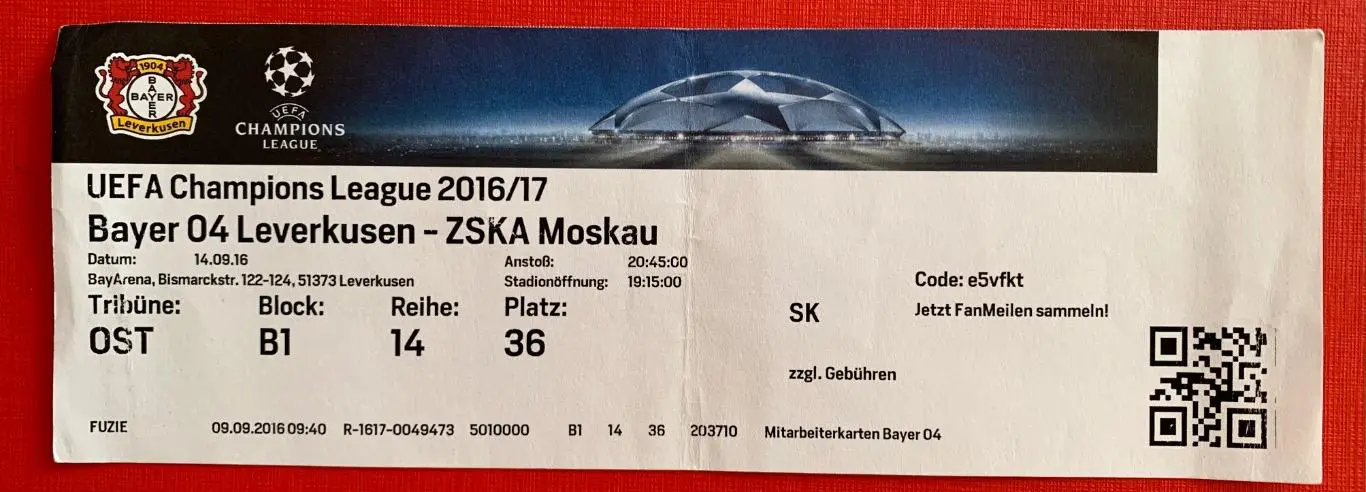 Билет Байер Леверкузен - ЦСКА Москва 14.09.2016