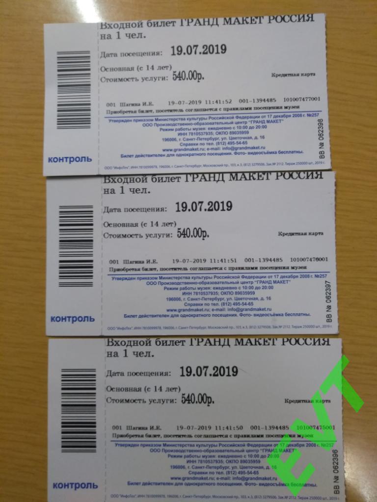 Билет на посещение гранд-макета Россия С-Петербург. Контроль есть. 1