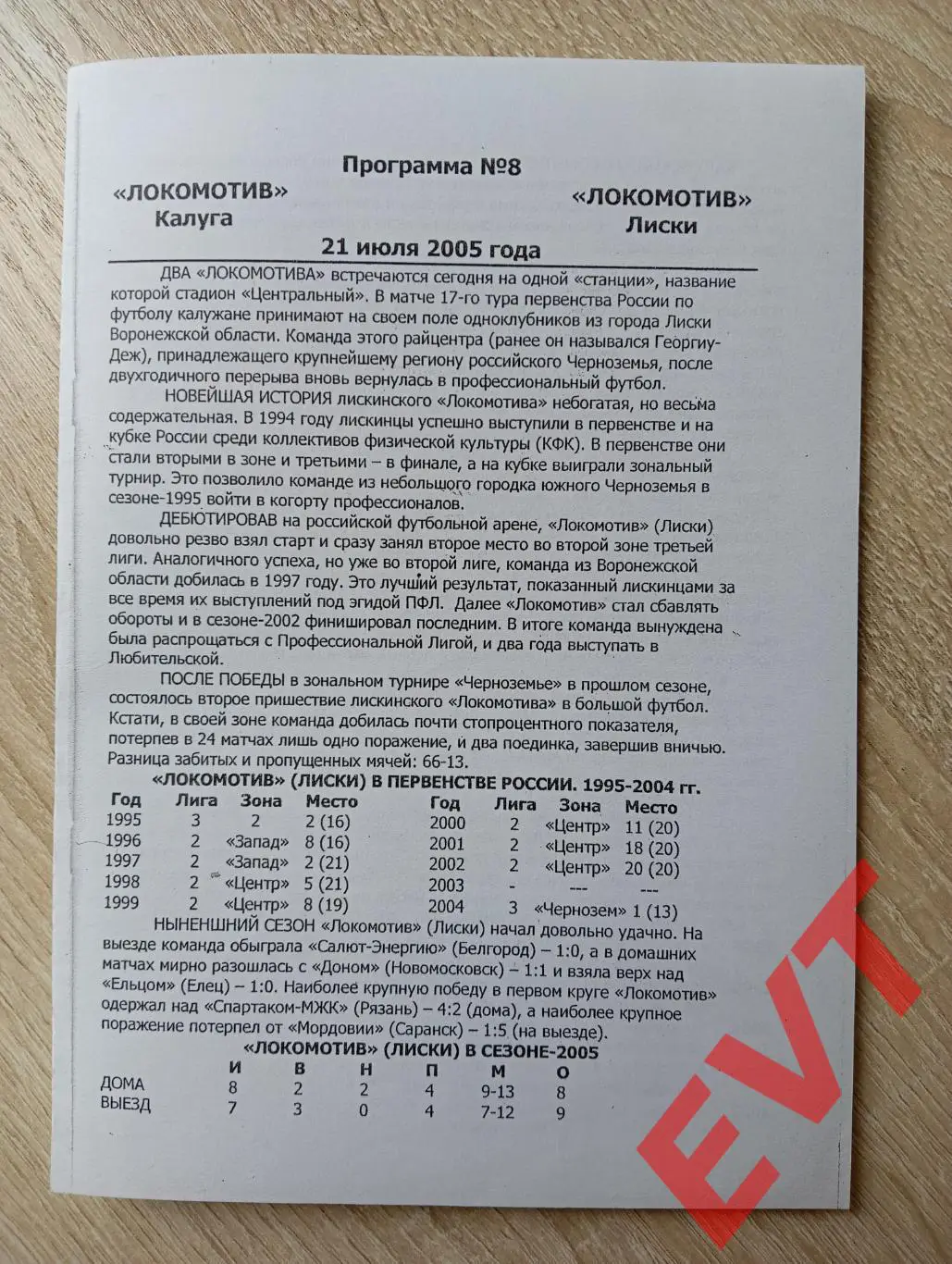 Локомотив Калуга - Локомотив Лиски. 2 див. 21.07.2005. КСЕРОКОПИЯ,ТОЛЬКО ВКЛАДЫШ