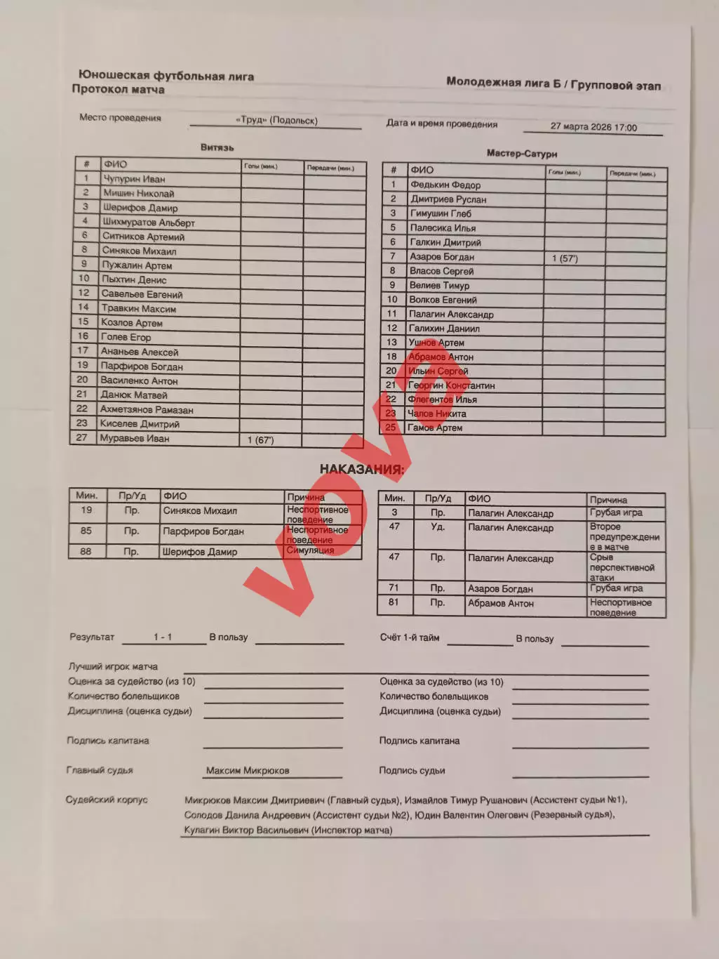 27.03.2026г.Молодежная футбольная лига.Витязь(Подольск)-Мастер-Сатурн(Егорьевск) 2