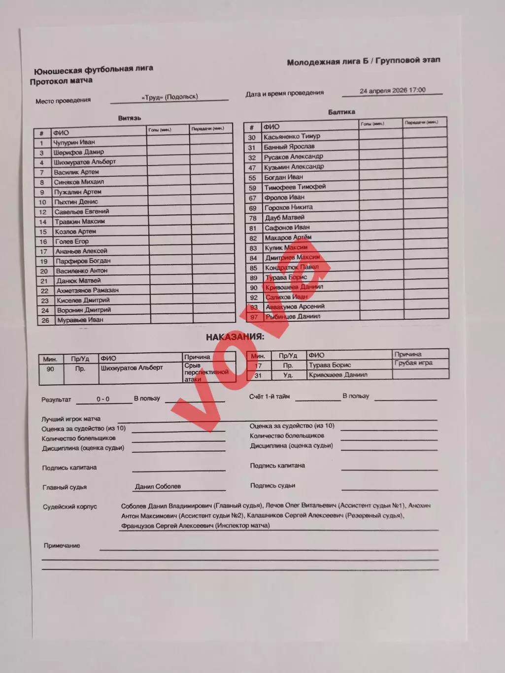 24.04.2026г.Молодежная футбольная лига.МК Витязь(Подольск)-Балтика(Калининград) 2