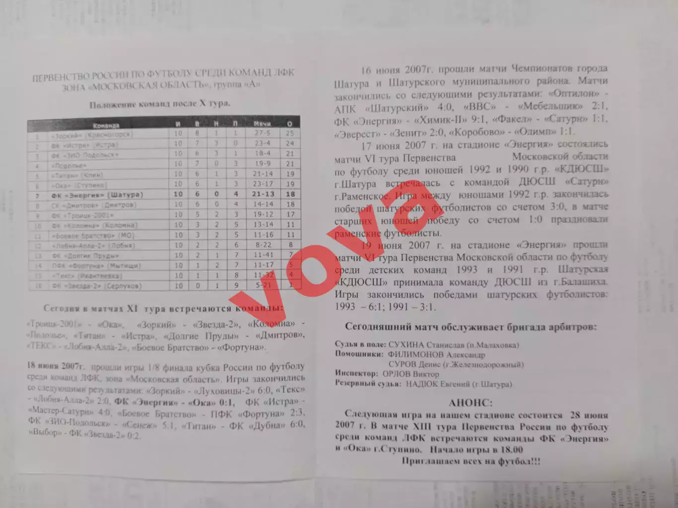 21.06.2007г.Любительская Футбольная Лига.ГруппаА.Энергия(Шатура)-ЗИО(Подольск) 2