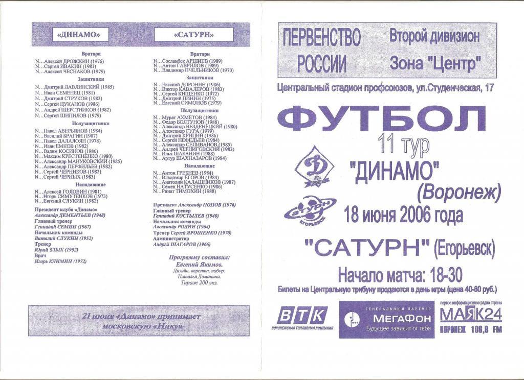 18.06.2006г.Динамо(Воронеж)- Сатурн(Егорьевск)