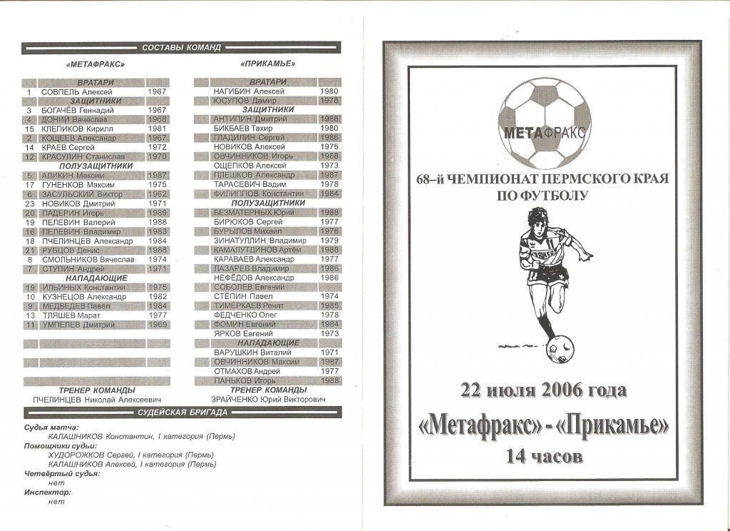 22.07.2006Чемпионат Пермского края по футболу.Метафракс(Губаха)- Прикамье(Пермь)