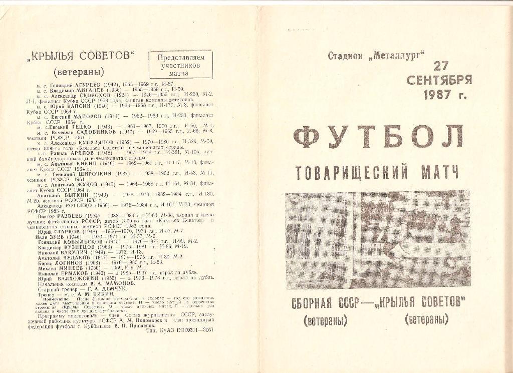 27.09.1987г.Товарищеская встреча.Футбол.Крылья Советов(Самара)-СССР (ветераны)