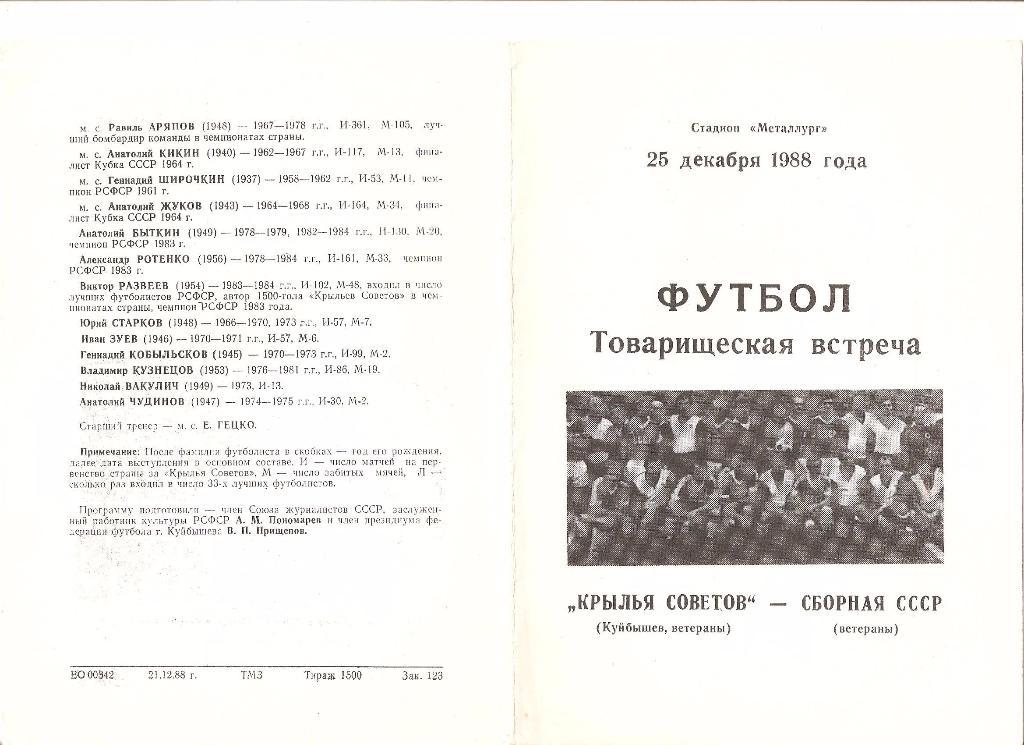 25.12.1988г.Товарищеская встреча.Футбол.Крылья Советов(Самара)-СССР (ветераны)