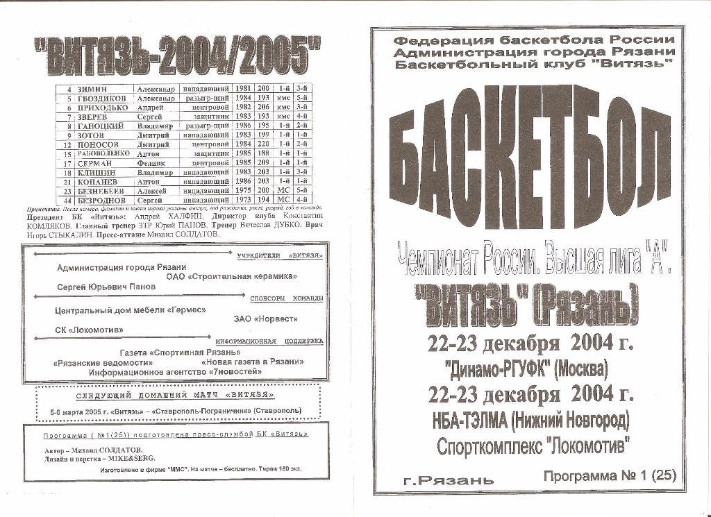22,23.12.2004г.Витязь(Рязань )-Динамо-РГУФК(Москва)+НБА-ТЭЛМА(Нижний Новгород)