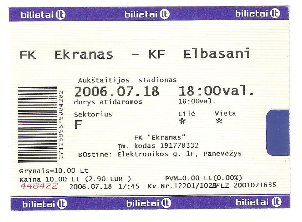Билет.18.07.2006г.Лига Чемпионов УЕФА.Экранас(Литва)- Эльбасани(Албания)