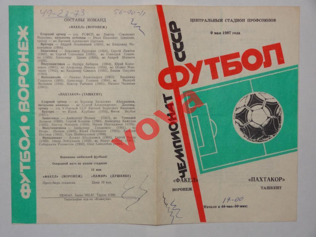 09.05.1987г.Чемпионат СССР по футболу. Факел(Воронеж)- Пахтакор(Ташкент)