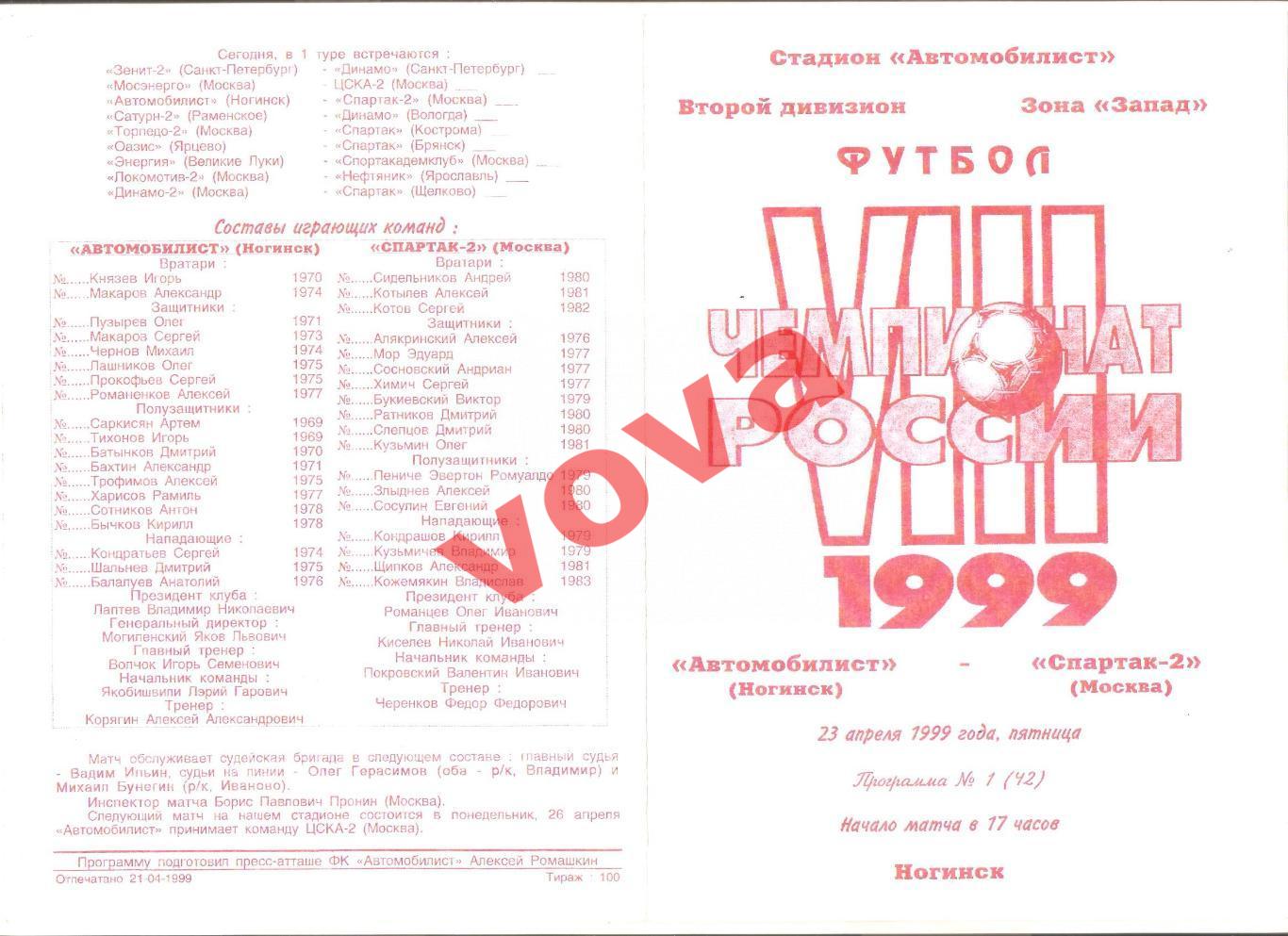 23.04.1999г. Чемпионат России. Автомобилист(Ногинск)- Спартак-2 (Москва)