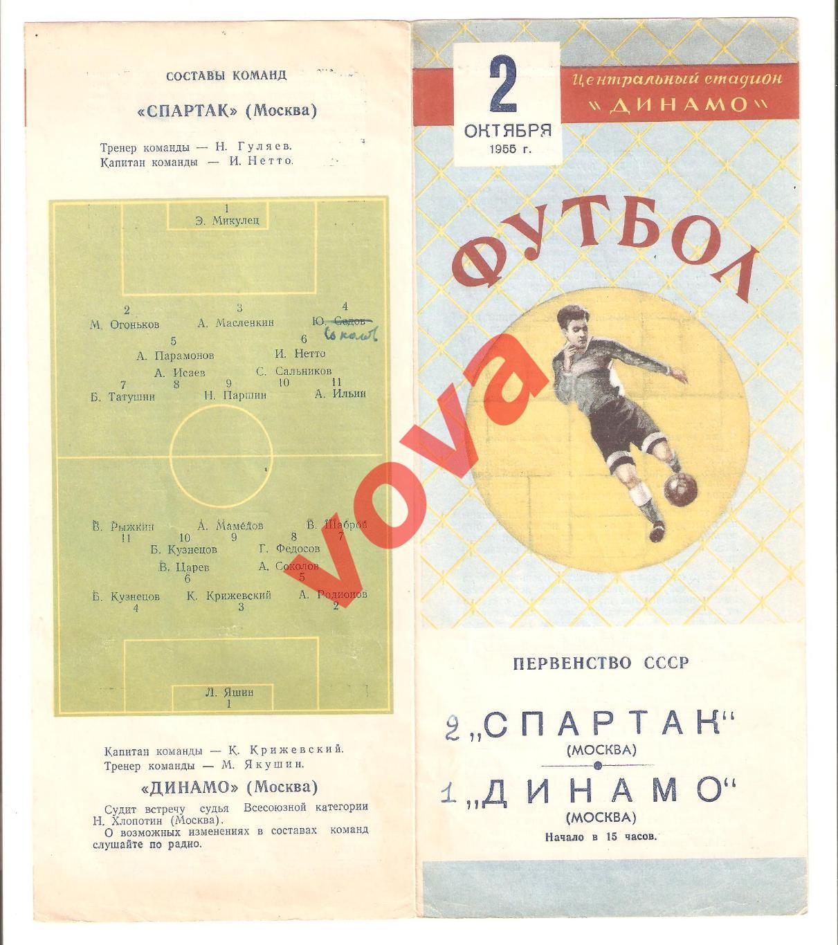 02.10.1955г. Первенство СССР. Спартак(Москва)- Динамо(Москва)