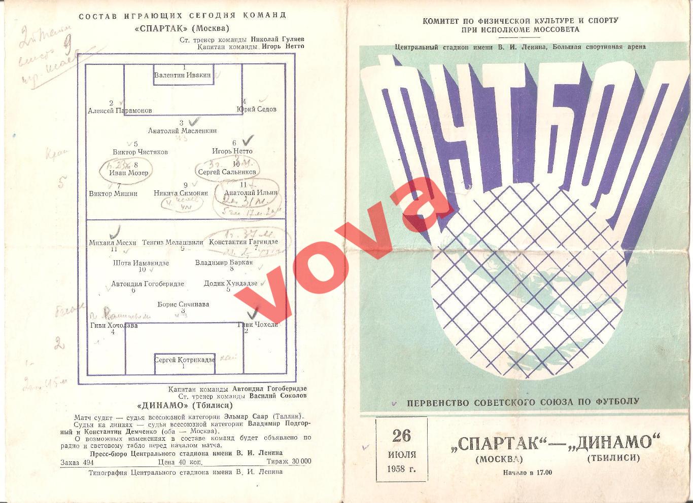 26.07.1958г. Первенство СССР. Спартак(Москва)- Динамо(Тбилиси)