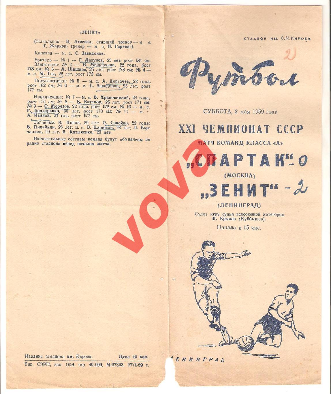 02.05.1959г. Первенство СССР. Зенит(Ленинград)- Спартак(Москва)