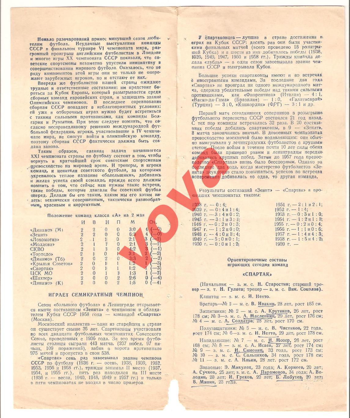 02.05.1959г. Первенство СССР. Зенит(Ленинград)- Спартак(Москва) 1