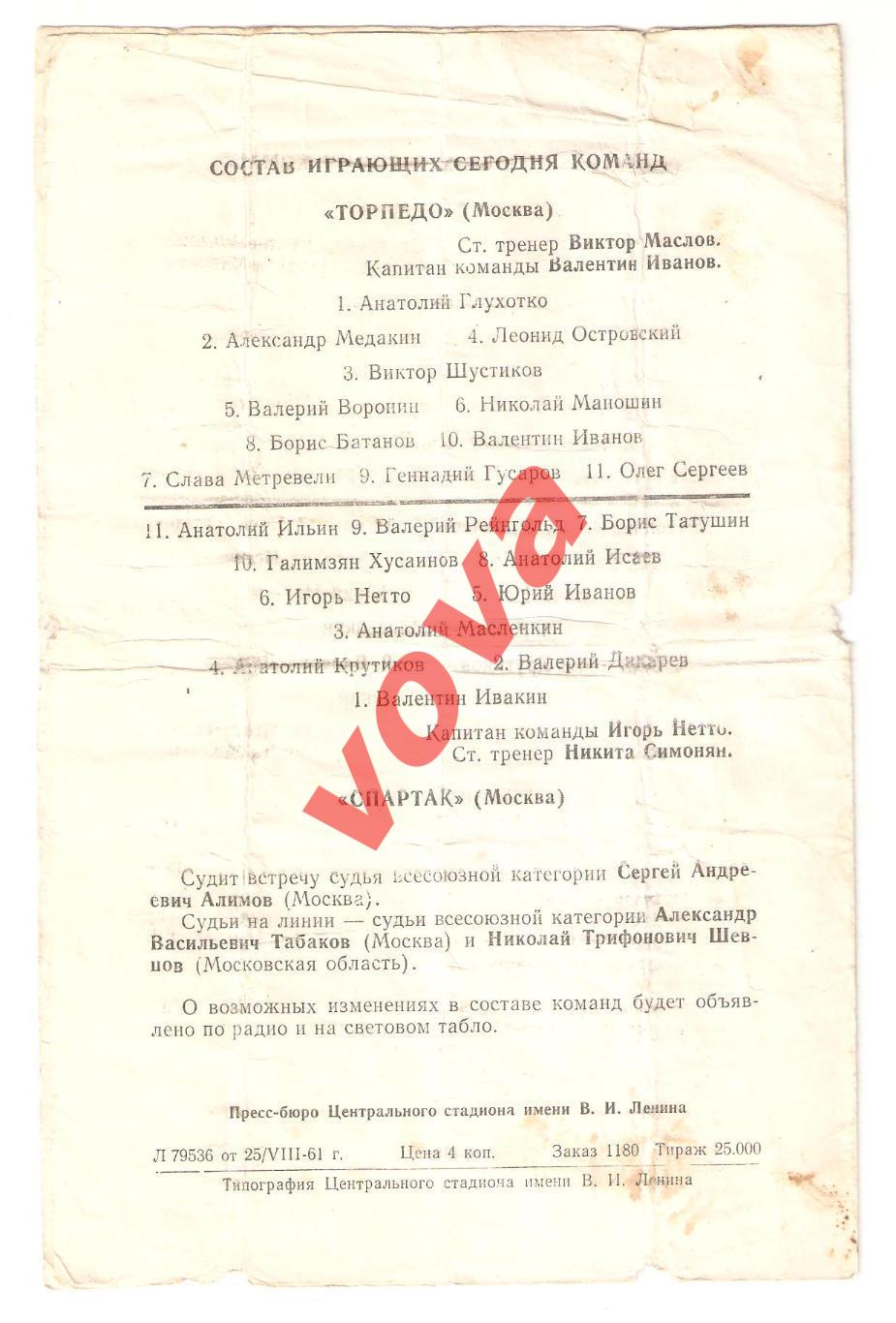 29.08.1961г. Первенство СССР. Спартак(Москва)- Торпедо(Москва) 1