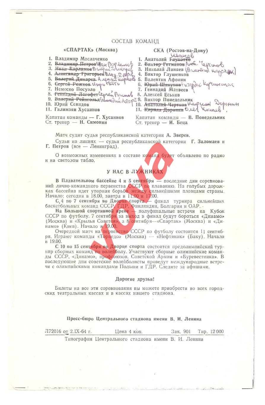 04.09.1964г. Первенство СССР. Спартак(Москва)- СКА(Ростов-на-Дону) 1