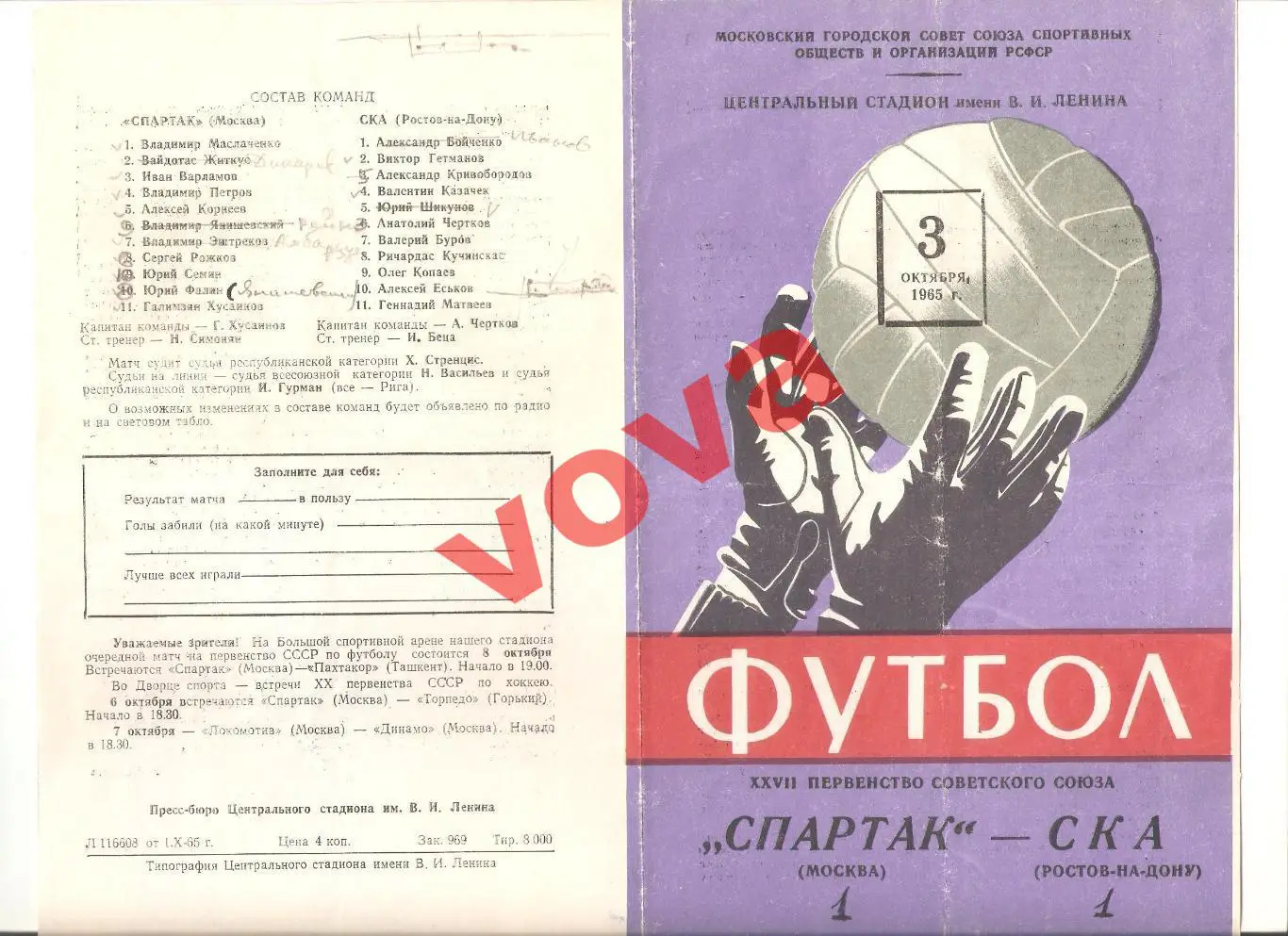 03.10.1965г. Первенство СССР. Спартак(Москва)- СКА(Ростов-на-Дону)