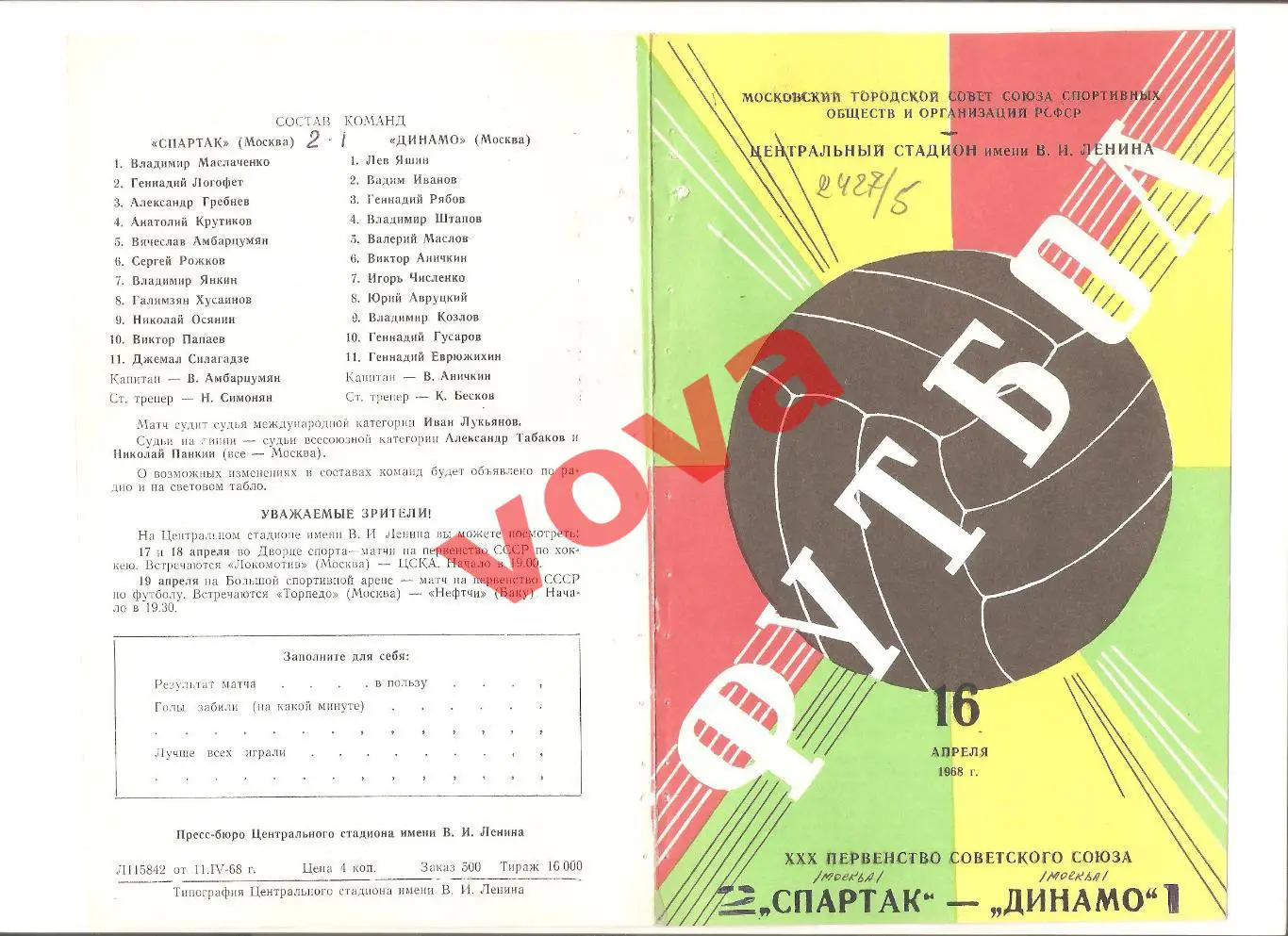 16.04.1968г. Первенство СССР. Спартак(Москва)- Динамо(Москва)