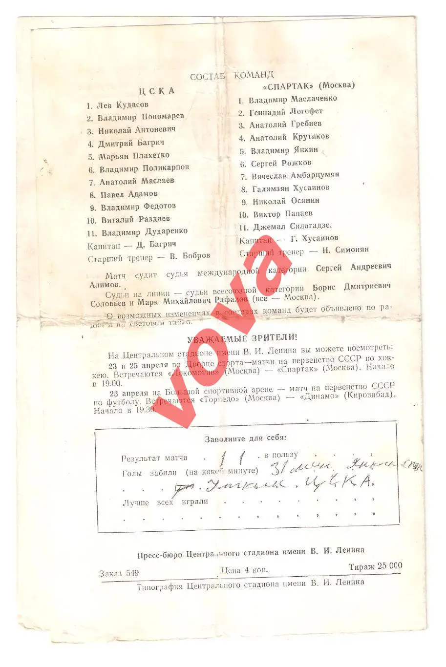 22.04.1968г. Первенство СССР. ЦСКА(Москва)- Спартак(Москва) Обложка №2 1