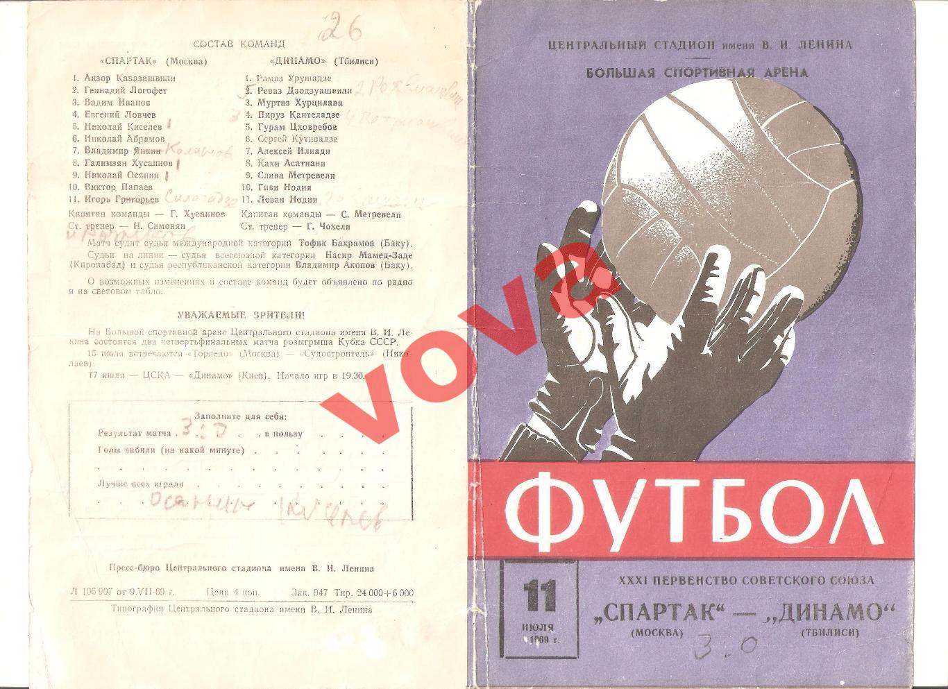 11.07.1969г. Первенство СССР. Спартак(Москва)- Динамо(Тбилиси) Обложка №2