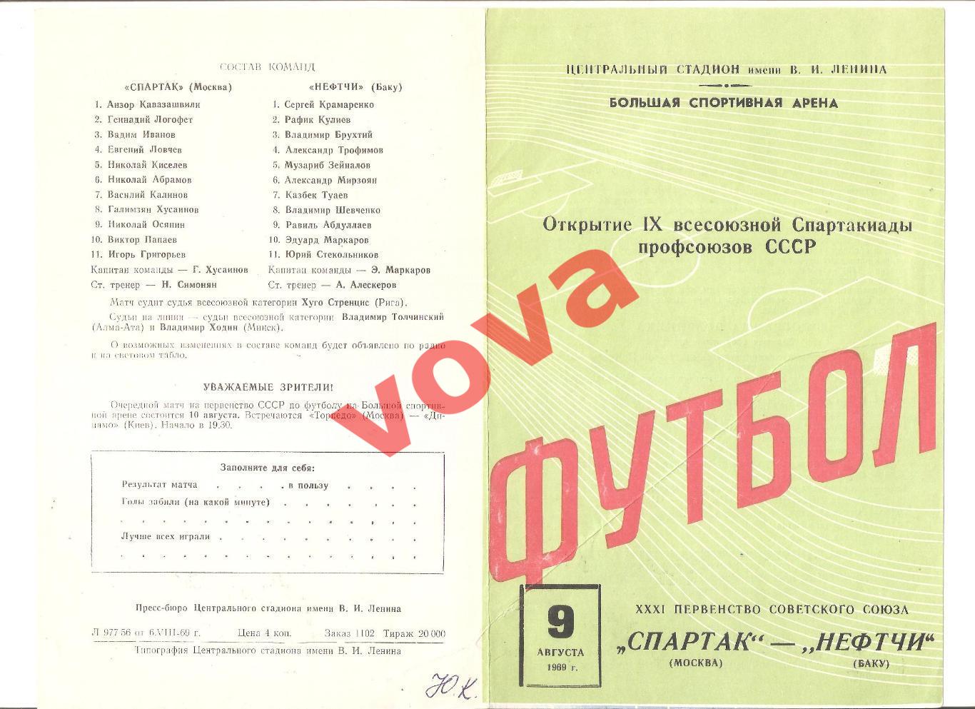 09.08.1969г. Первенство СССР. Спартак(Москва)- Нефтчи(Баку)