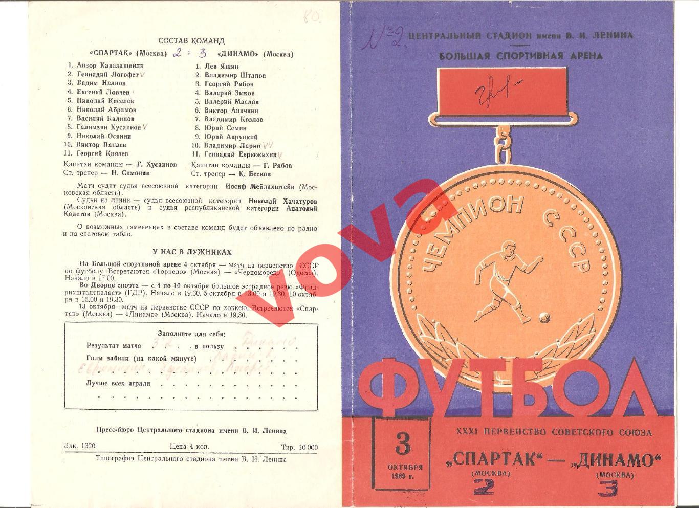 03.10.1969г. Первенство СССР. Спартак(Москва)- Динамо(Москва)