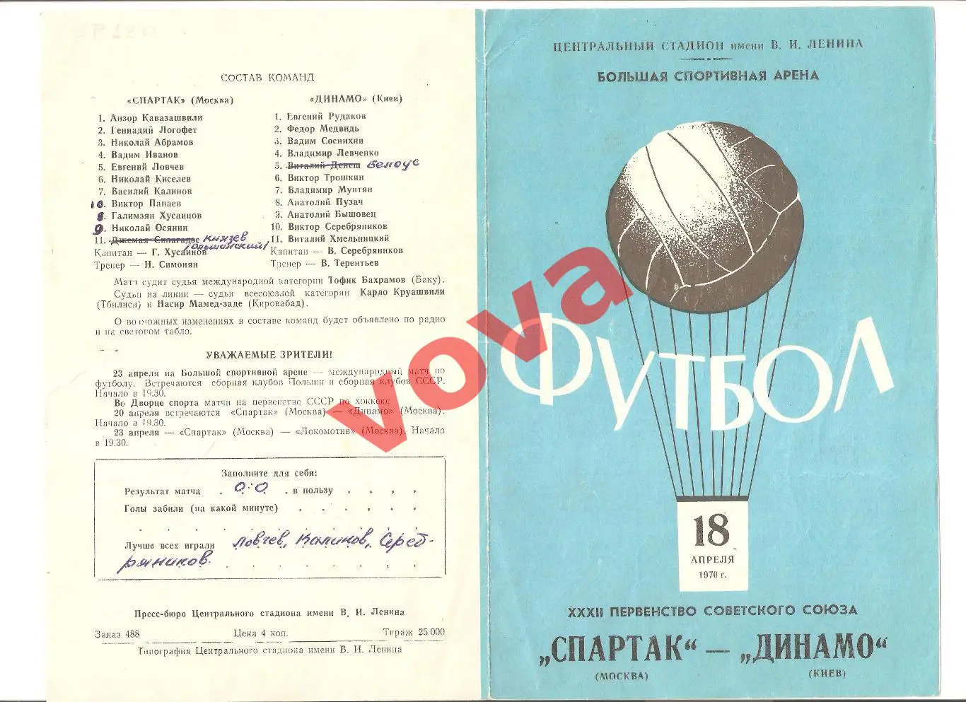 18.04.1970г. Первенство СССР. Спартак(Москва)- Динамо(Киев) Обложка №1