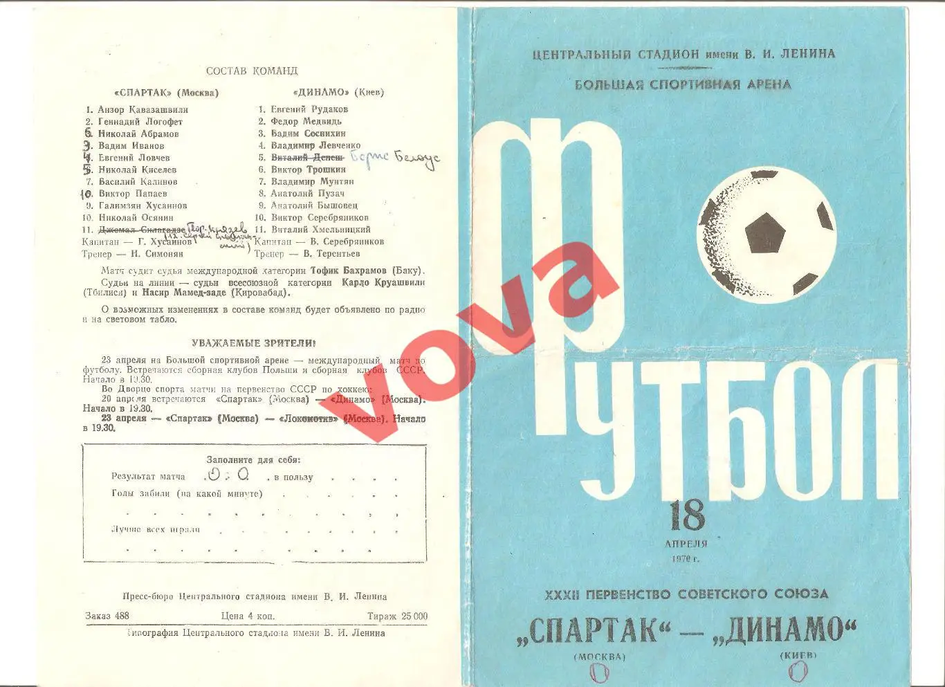 18.04.1970г. Первенство СССР. Спартак(Москва)- Динамо(Киев) Обложка №2