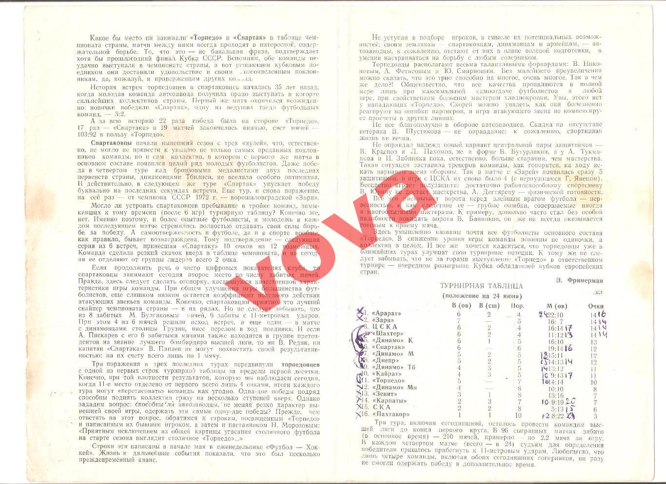 24.06.1973г. Первенство СССР. Торпедо(Москва)- Спартак(Москва) Обложка №2 1