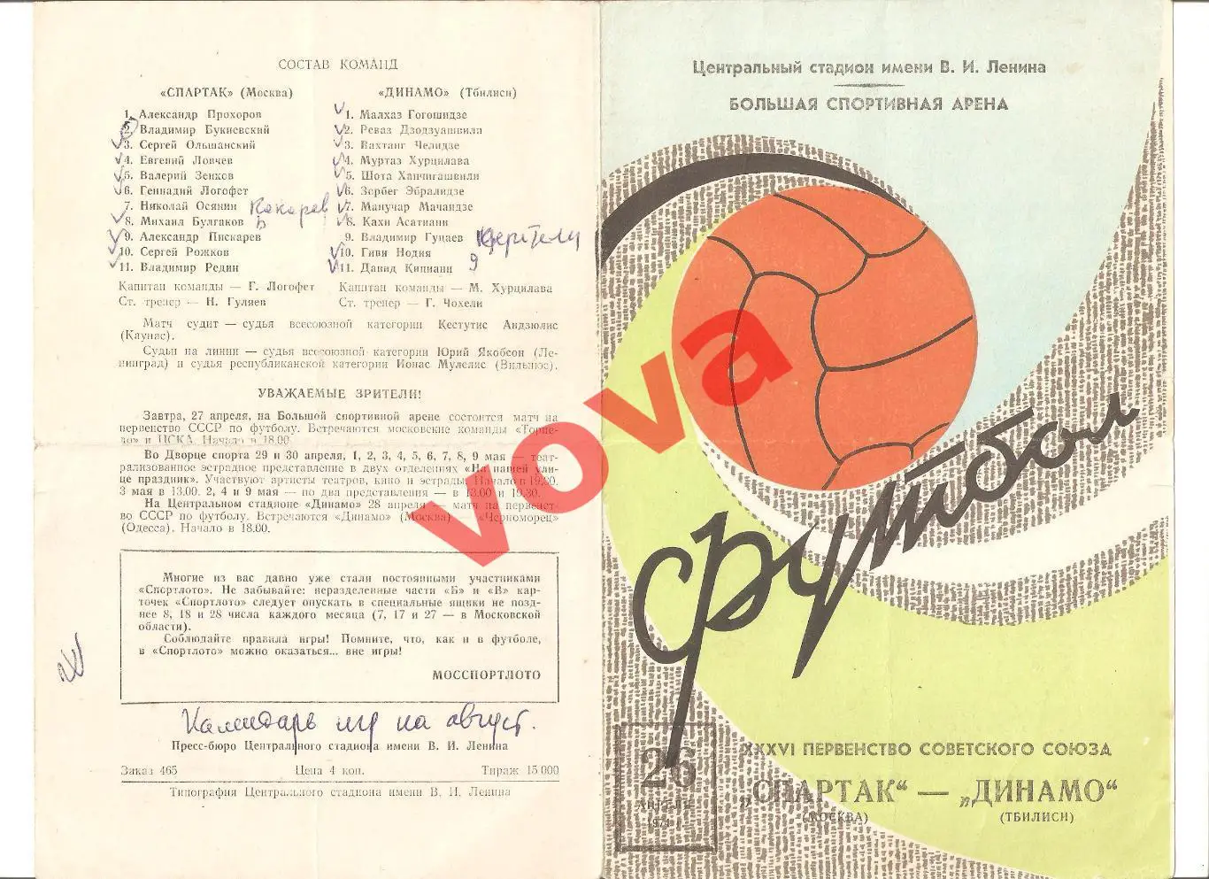 26.04.1974г. Первенство СССР. Спартак(Москва)- Динамо(Тбилиси) Обложка №1