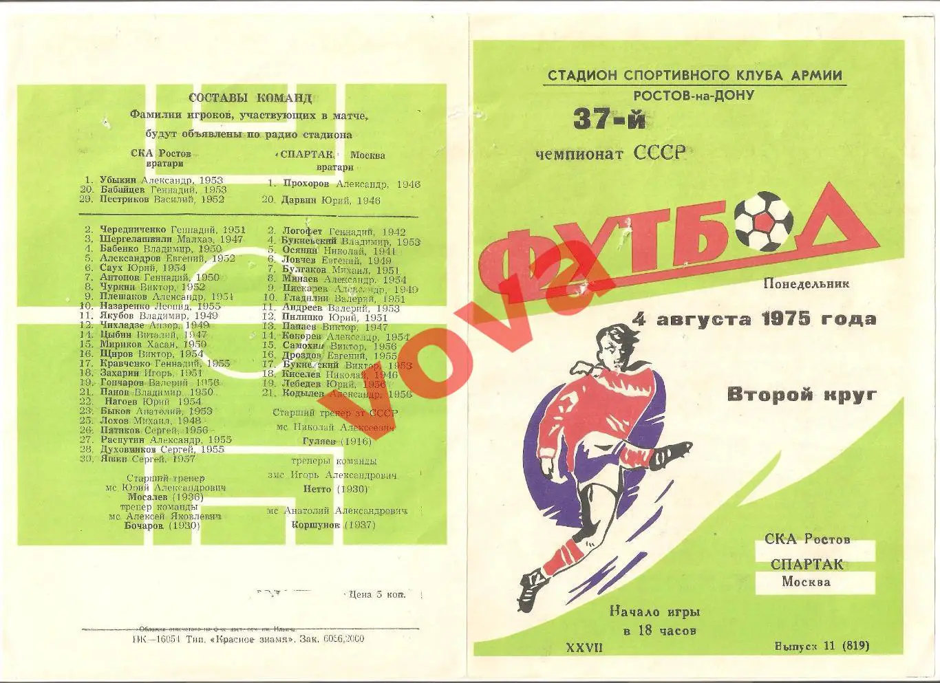 04.08.1975г. Первенство СССР. СКА(Ростов-на-Дону)- Спартак(Москва)