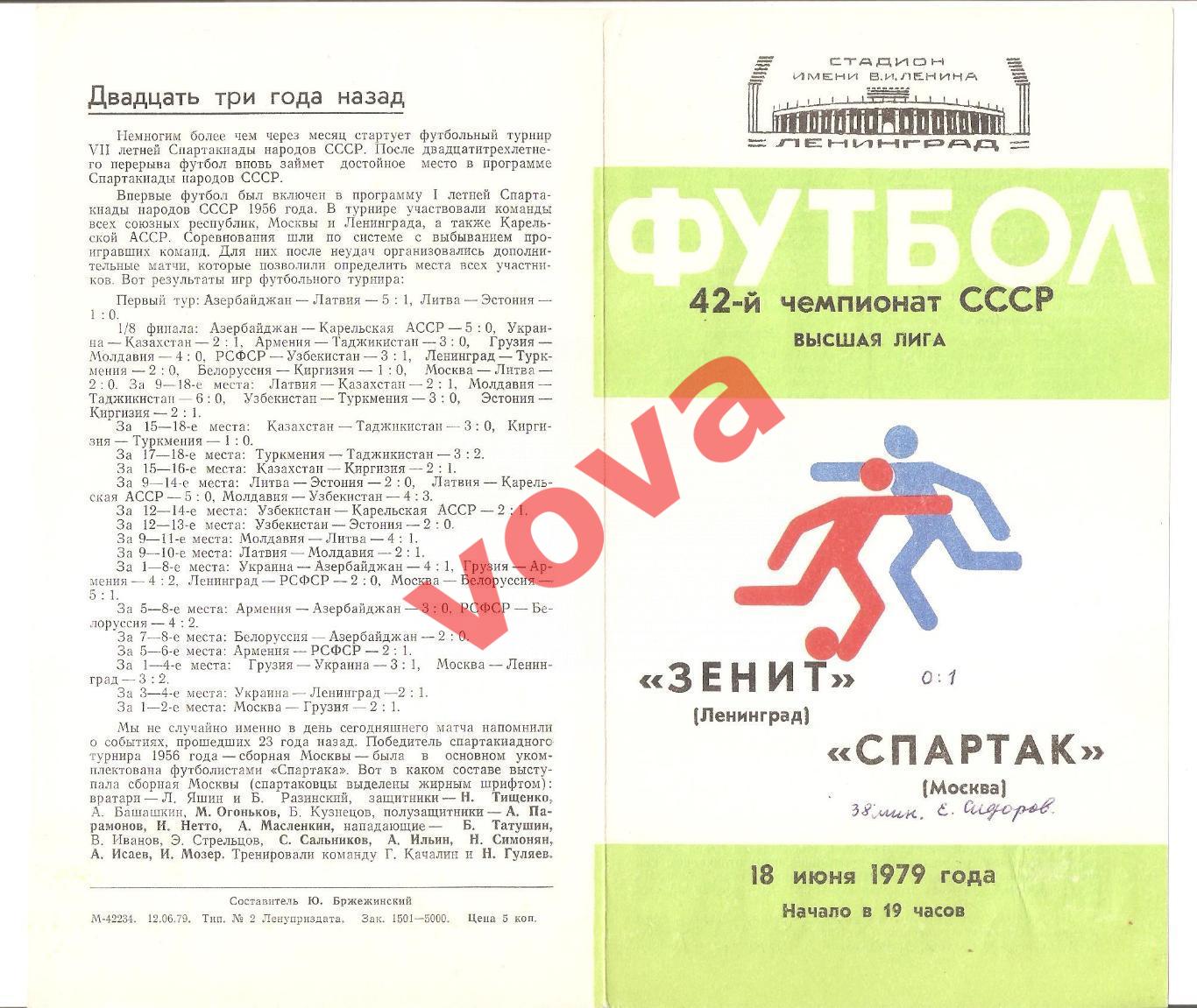 18.06.1979г. Чемпионат СССР. Зенит(Ленинград)- Спартак(Москва)