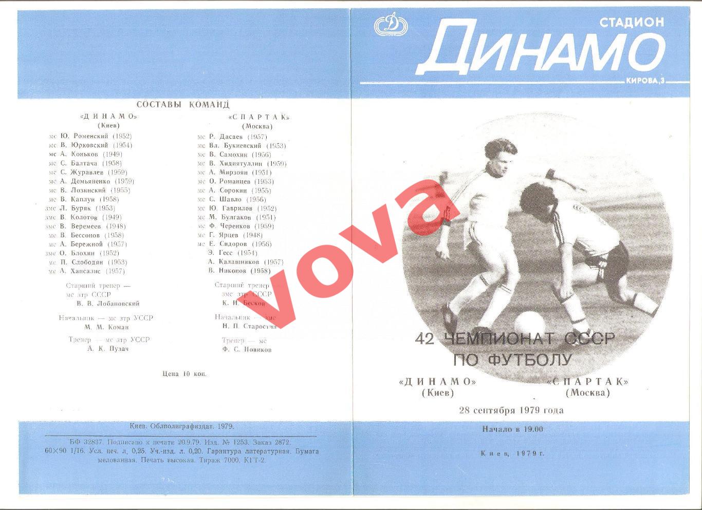 28.09.1979г. Чемпионат СССР. Динамо(Киев)- Спартак(Москва) Обложка №1