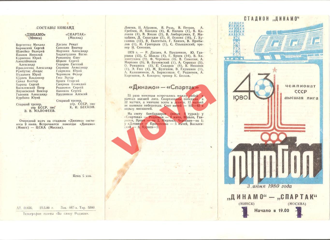 03.06.1980г. Чемпионат СССР. Динамо(Минск)- Спартак(Москва)