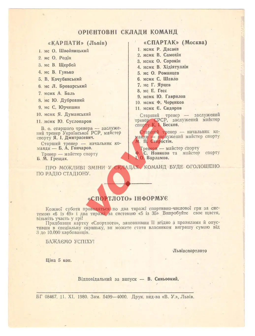 18.11.1980г. Чемпионат СССР. Карпаты(Львов)- Спартак(Москва) 1