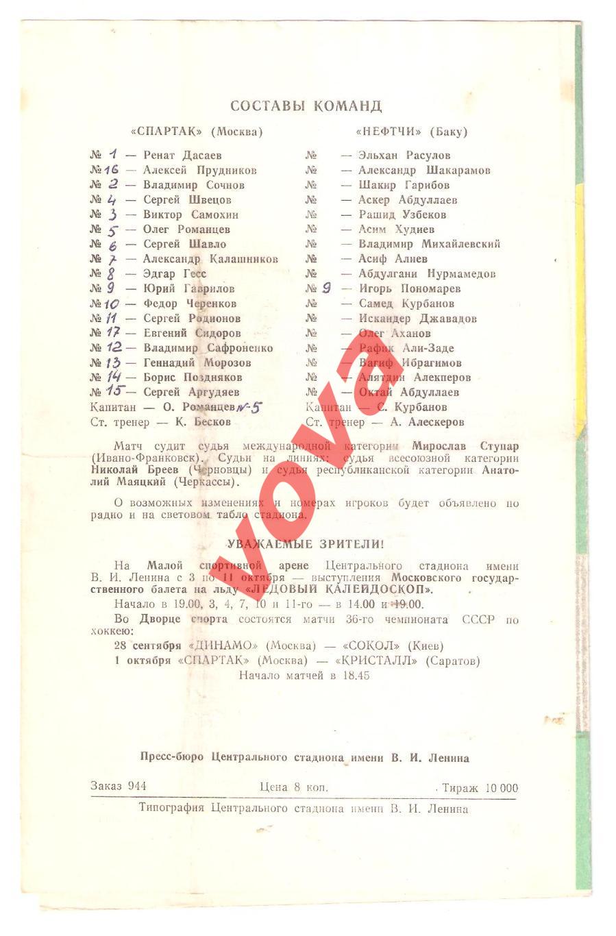 26.09.1981г. Чемпионат СССР. Спартак(Москва)- Нефтчи(Баку) Обложка №2 1