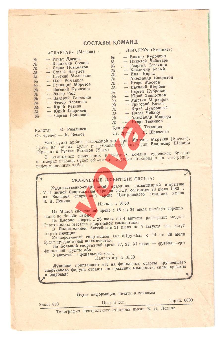 09.07.1983г. Чемпионат СССР. Спартак(Москва)- Нистру(Кишинев) Обложка №2 1