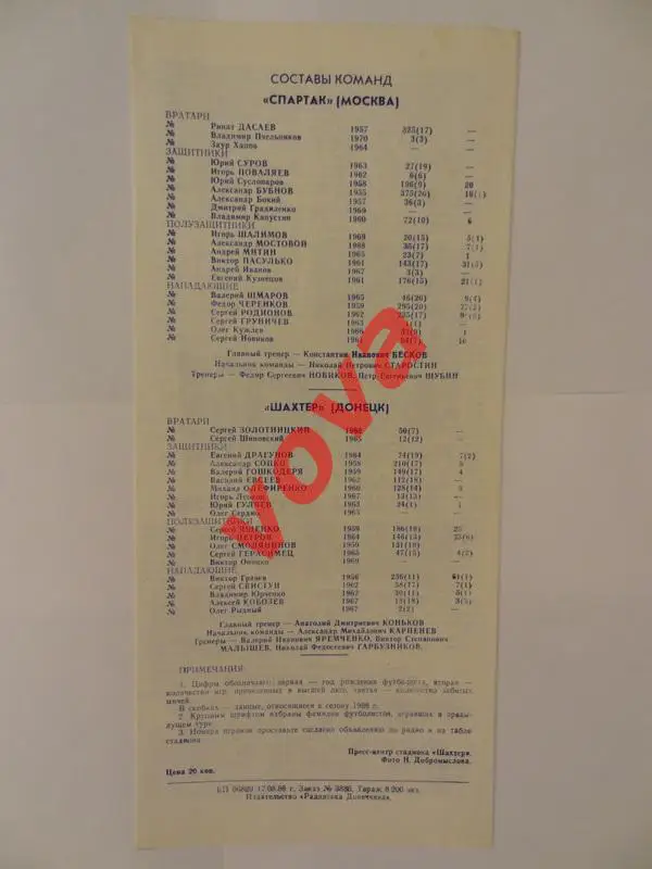 24.08.1988г. Чемпионат СССР. Шахтер(Донецк)- Спартак(Москва) 1