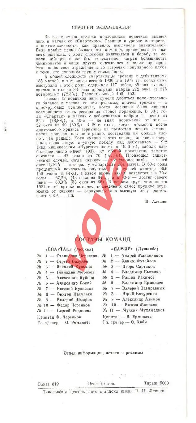 04.06.1989г. Чемпионат СССР. Спартак(Москва)- Памир(Душанбе) 1