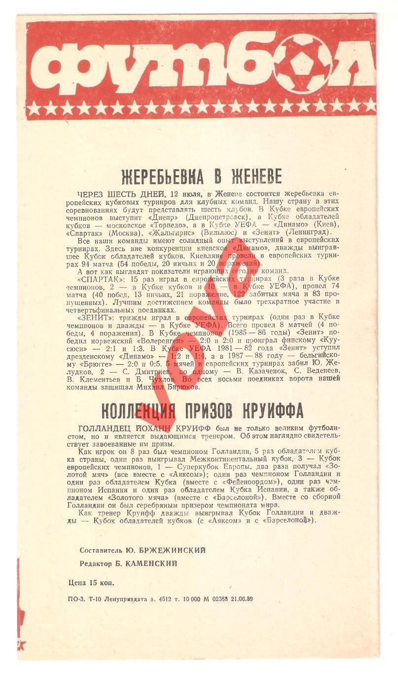 06.07.1989г. Чемпионат СССР. Зенит(Ленинград)- Спартак(Москва) №1 1