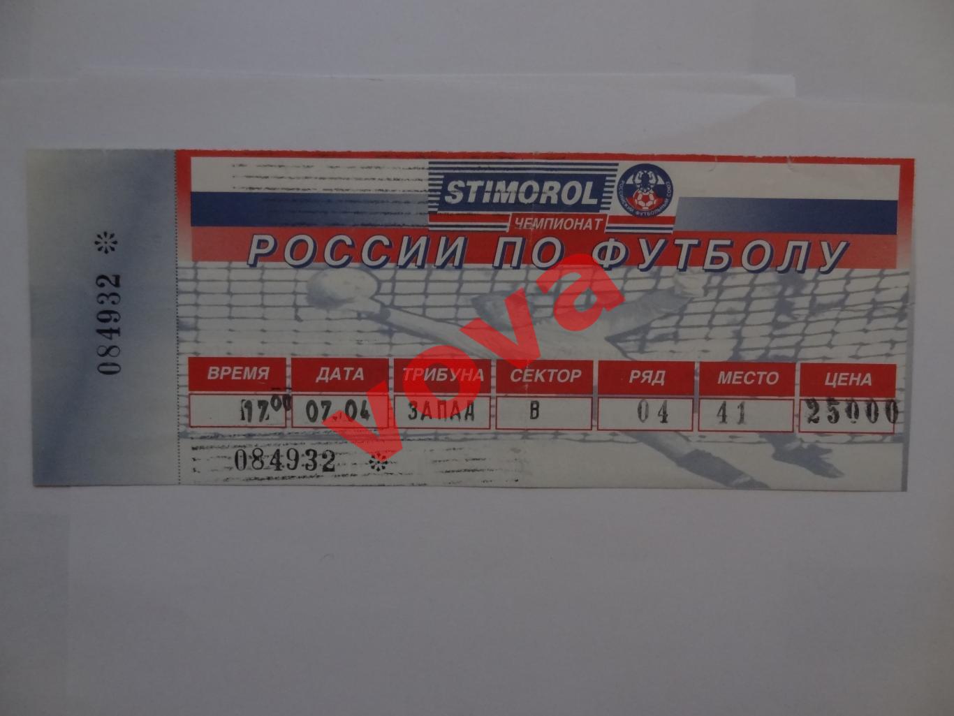 Билет. 07.04.1996г. Чемпионат России. Спартак(Москва)- Ротор(Волгоград)