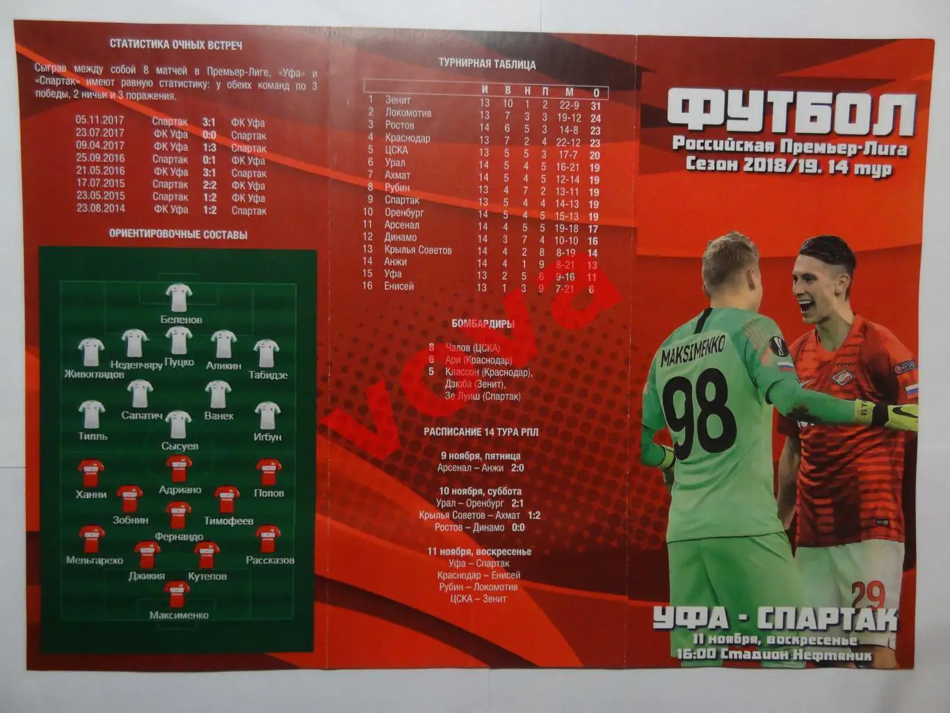 11.11.2018г. Чемпионат России. ФК Уфа- Спартак(Москва) №2
