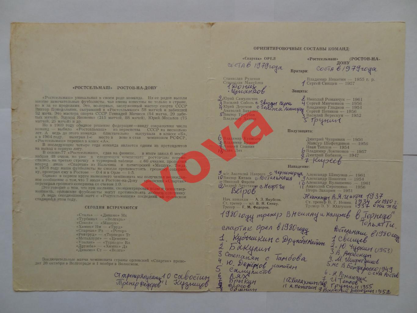 21.10.1979г. Первенство СССР. Спартак(Орел)- Ростсельмаш(Ростов-на-Дону) 1