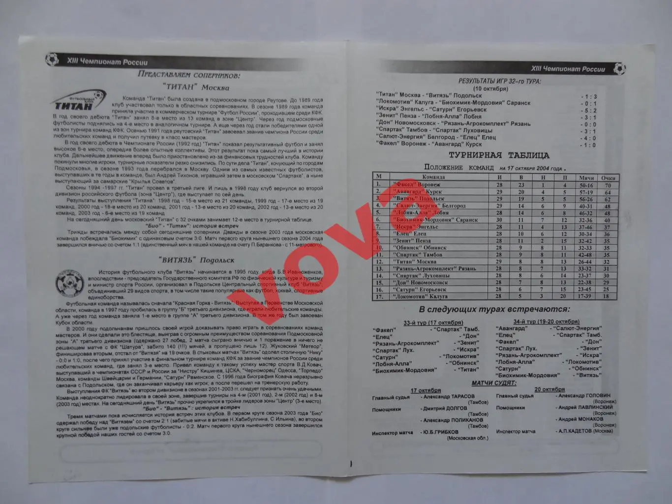 17.10.2004г. Биохимик-Мордовия(Саранск)- Титан(Москва)+ 20.10. Витязь(Подольск) 1
